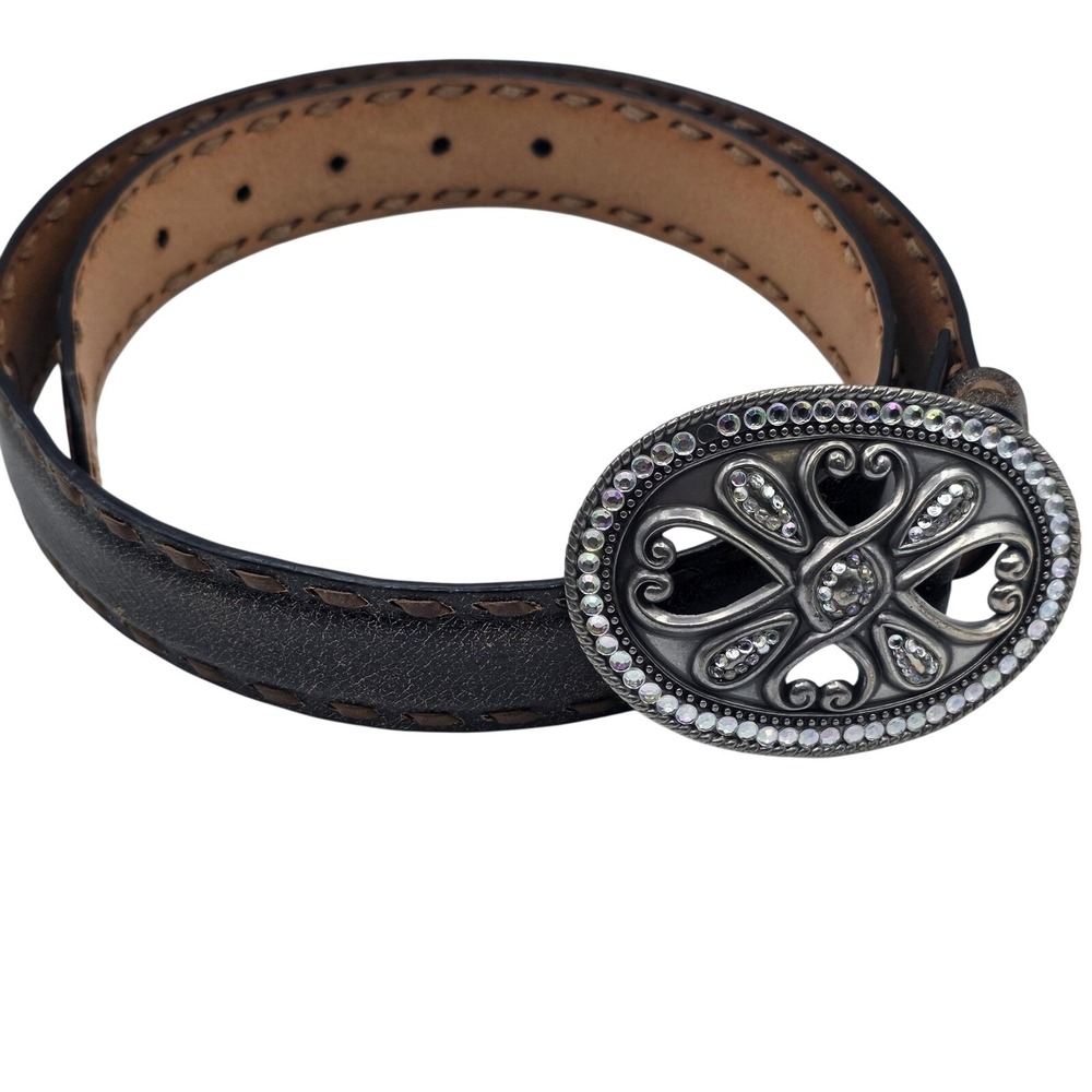 3D Belt Mens 32 Brown Leather‎ Western Rhinestone Scroll Buckle Laced Edge